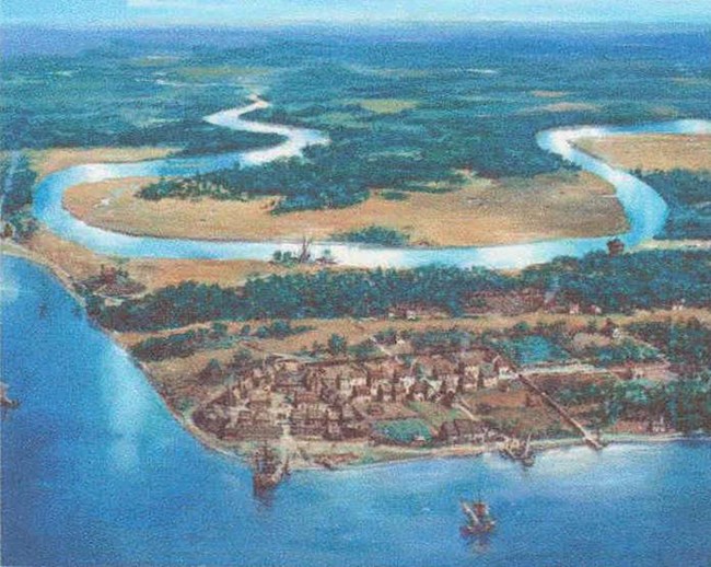Artist concept of 17th Century Jamestown from an aerial view