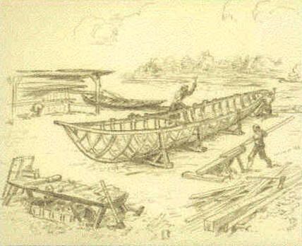 Artist sketch of English settlers building a boat