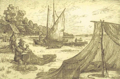 Jamestown settlers repair and dry their nets on shore.