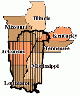 Map depicting boundaries of eligible grant projects, including the states of Arkansas, Louisiana and Mississippi and portions of Illinois, Kentucky, Missouri and Tennessee.