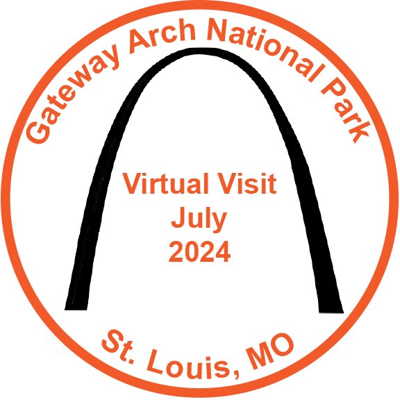 Orange circle, Gateway Arch National Park and St. Louis, MO. Center of the circle is a black Arch and between the legs of the Arch in orange it reads Virtual Visit, July 2024.