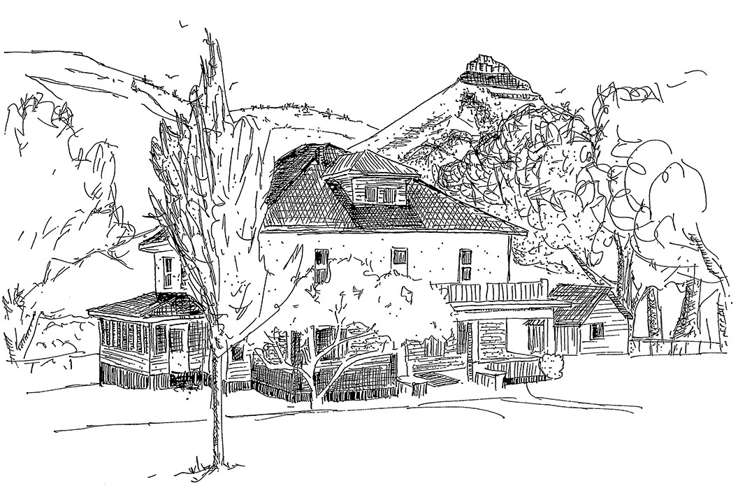 black and white illustration of three story ranch house