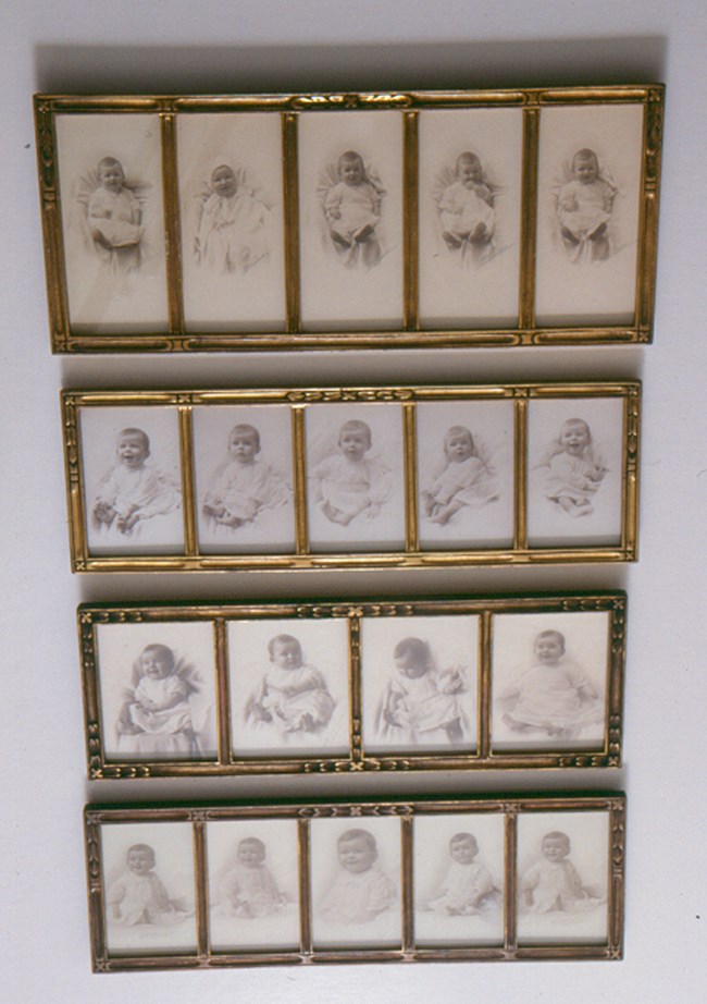 Four rows of black and white baby photos in gold frames. The first, second, and fourth rows have five portraits each, while the third row has four. Each row shows portraits of a specific baby.