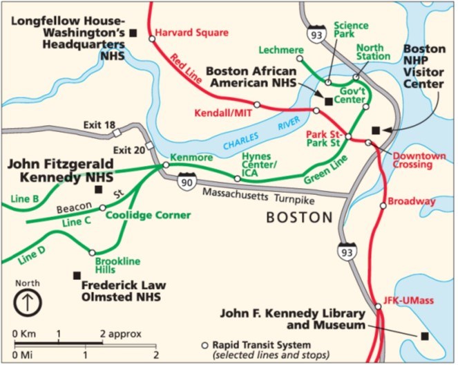 Digital map of National Park Sites in Boston, Brookline, and Cambridge within a rectangular view displaying approximately 30 square miles. The Charles River, Red and Green Lines, and major highways are visible.