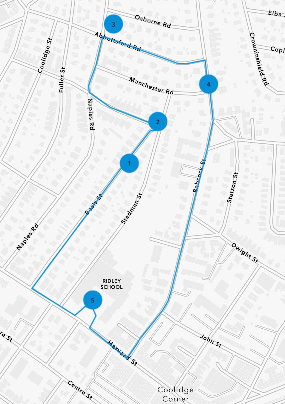 A digital beige neighborhood map with a path marked in a blue line, and blue circles marking stops on the path, numbered one through five.