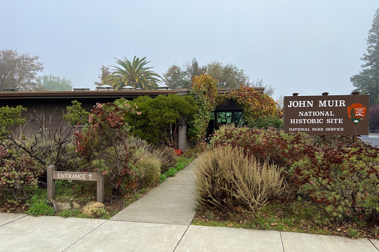 Native plant garden surrounds the sidewalk to the entrance of a single story buidling.