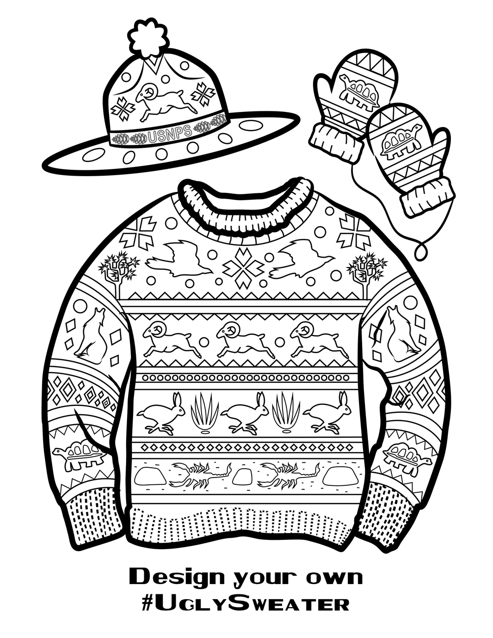 Ugly Sweater: park animals A coloring book page of a sweater with animal designs