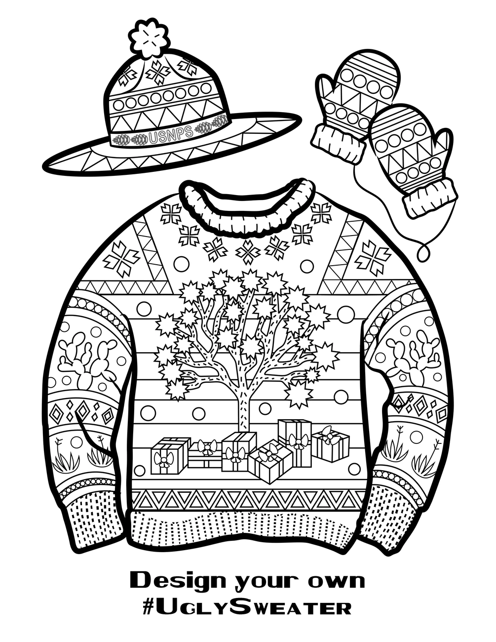 Ugly Sweater: Joshua Tree A coloring page with a sweater with Joshua tree designs