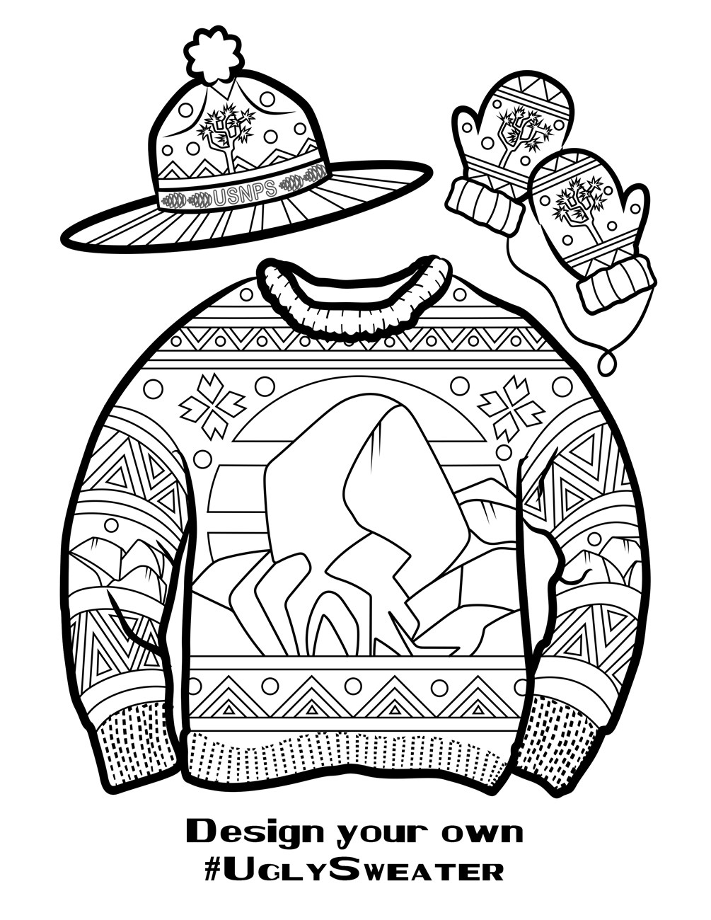 A coloring book page with a sweater with rock designs