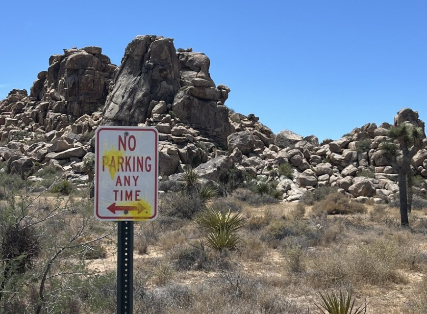 Yellow paint splattered on a park sign that reads "No Parking Any Time"