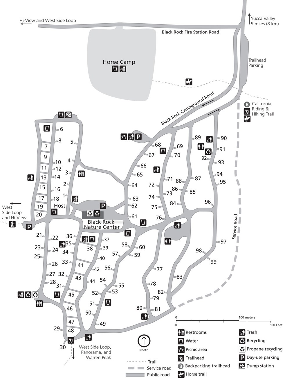 Black and white map of Black Rock Campground. The map is oriented with north at the top of the page. The campground is made up of a number of nested loops.