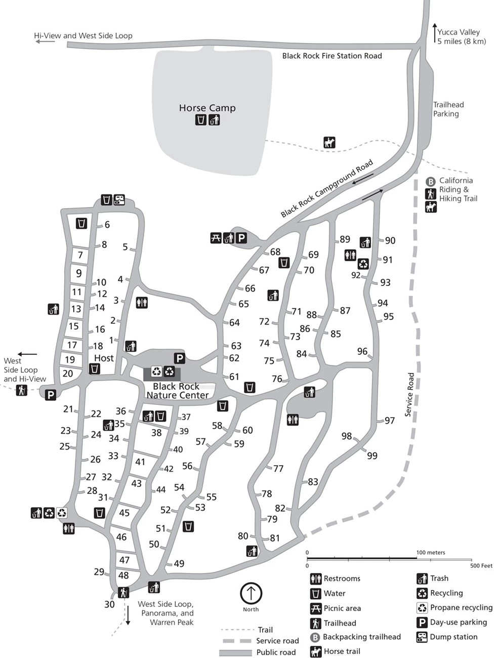 A map of Black Rock Campground Black and white map of Black Rock Campground. The map is oriented with north at the top of the page. The campground is made up of a number of nested loops.