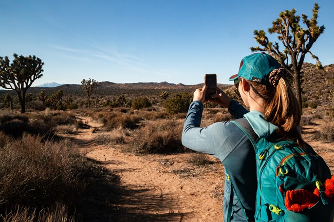 A day hiker uses their cellphone to take a photo of the desert landscape.