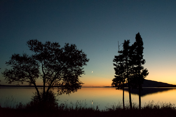 A sliver moon over a tranquil lake, seen through two trees