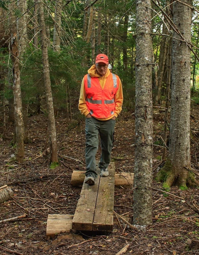 Hiker wearing a blaze orange vest and sweatshirt in the woods crossing a small footbridge.