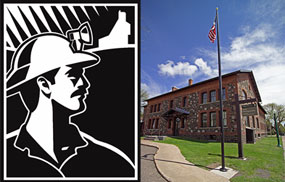 Keweenaw Heritage Sites miner logo to the left of an image of the park headquarters building.