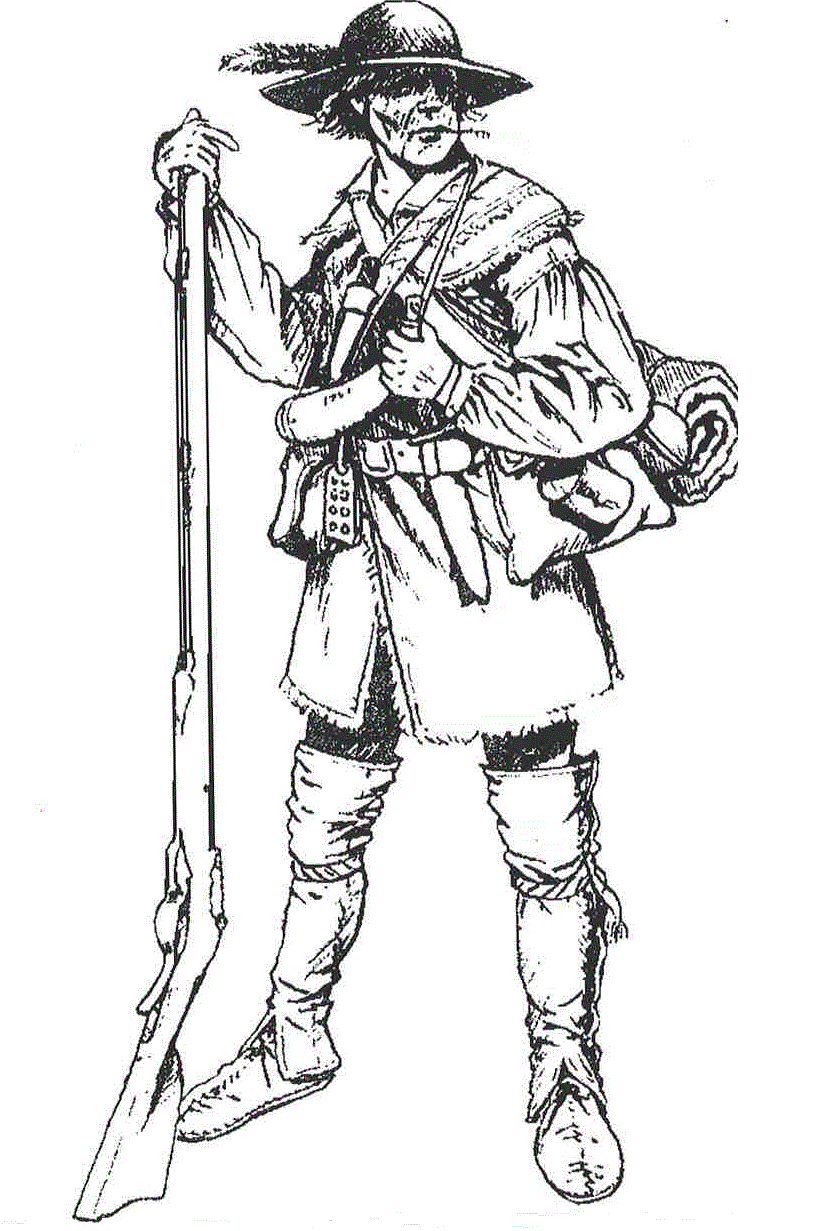 A drawing of an 18th century solider holding a musket.