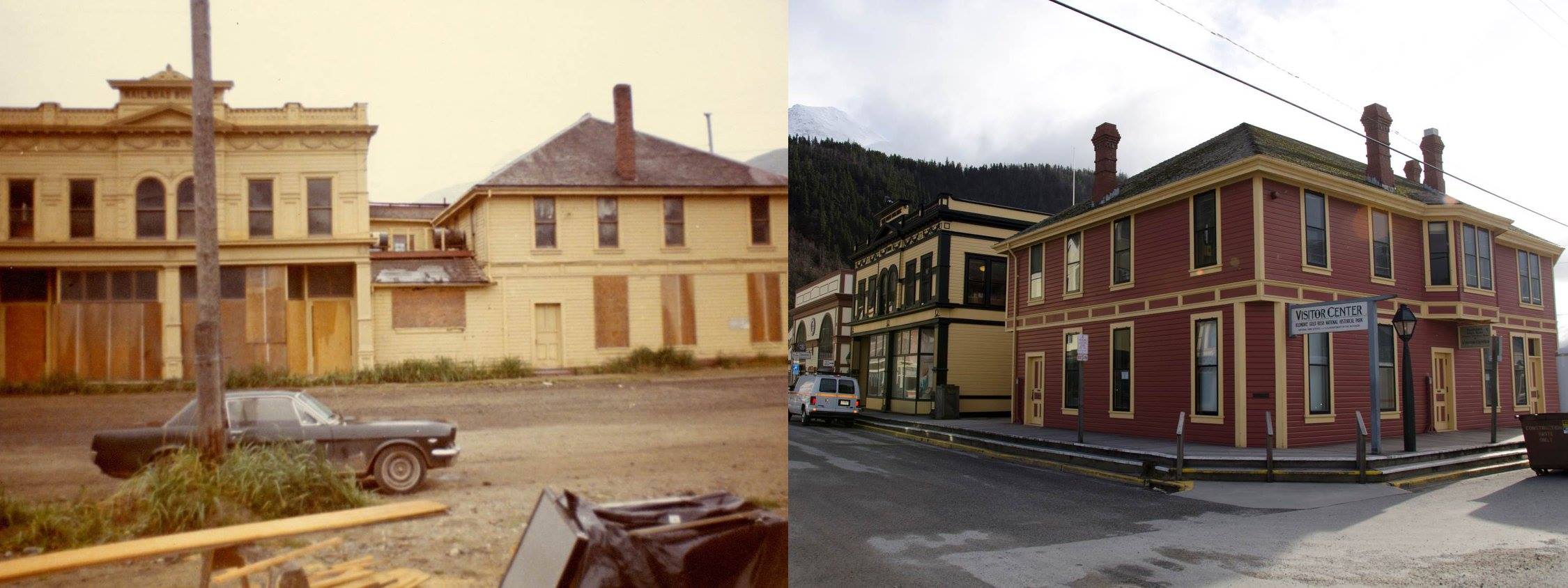 Left: unrestored buildings, right: modern view