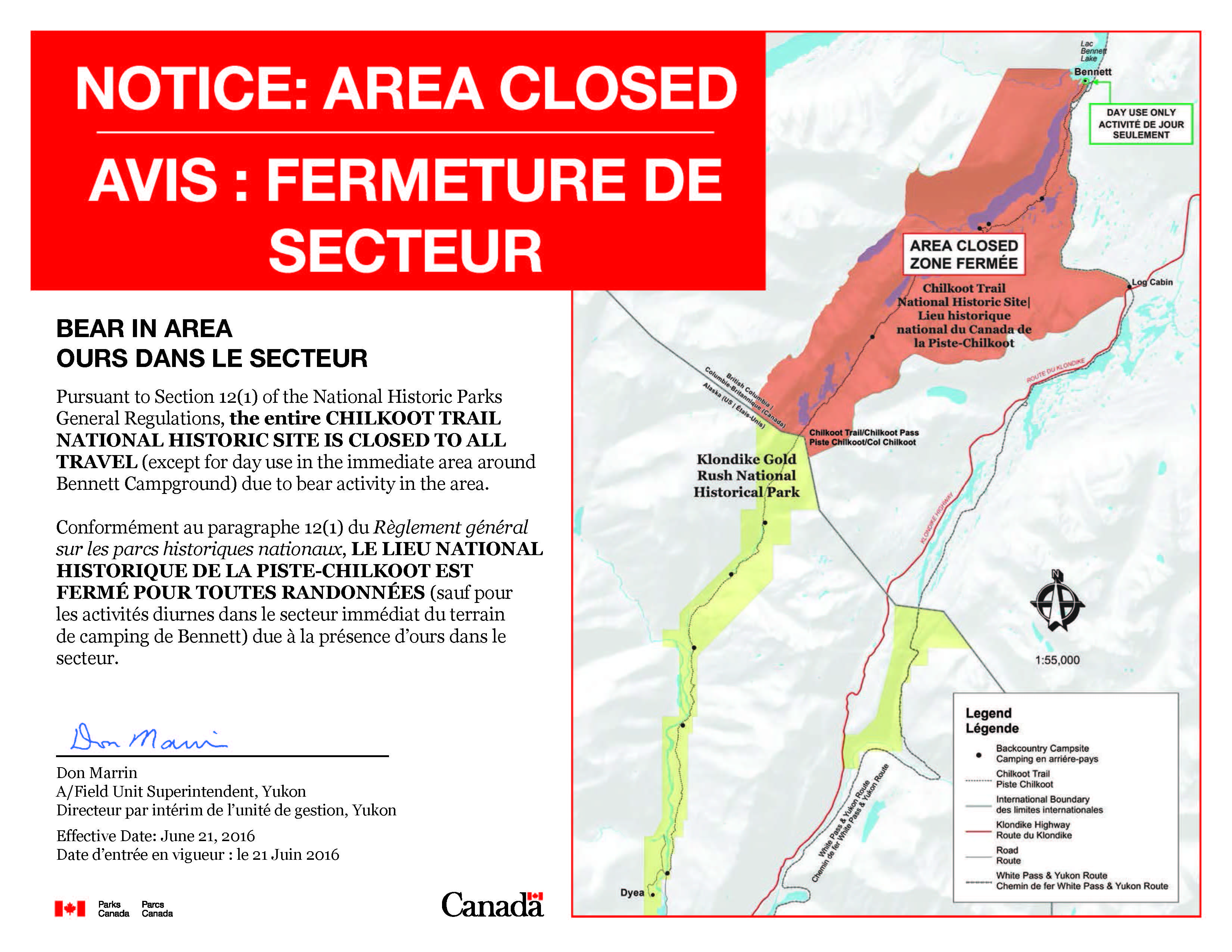 Map of Chilkoot Trail closure from Parks Canada