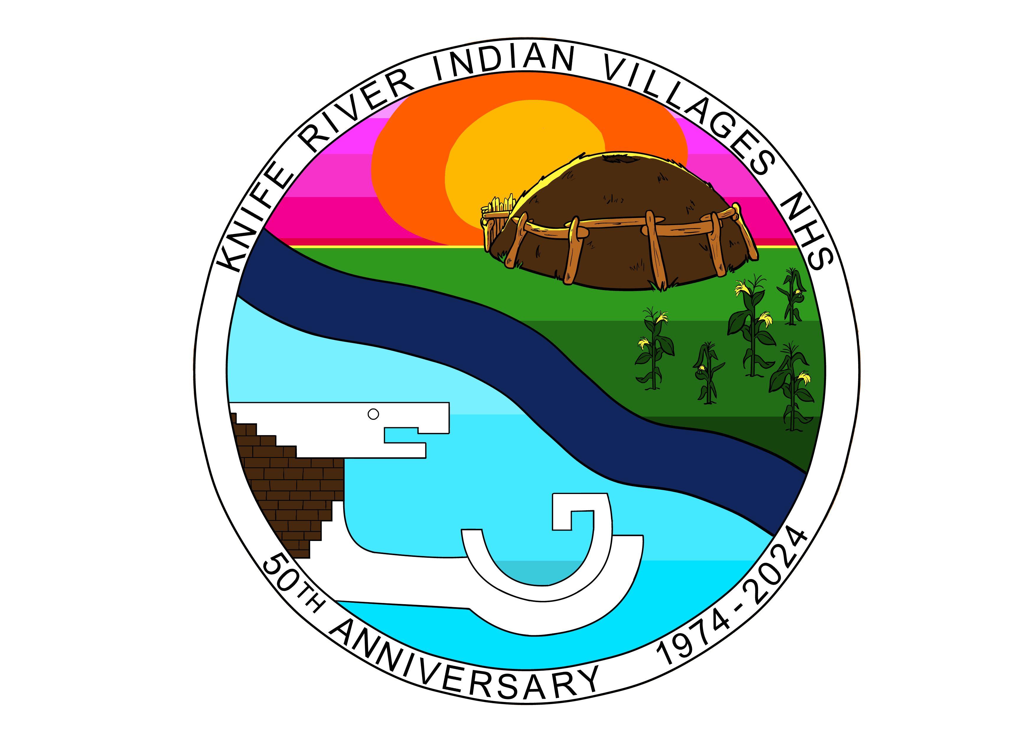 Circular logo with a colorful image of an earthlodge, river, corn and eagle.