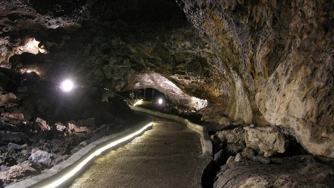 Inside Mushpot Cave, the only cave at Lava Beds with a lit path.