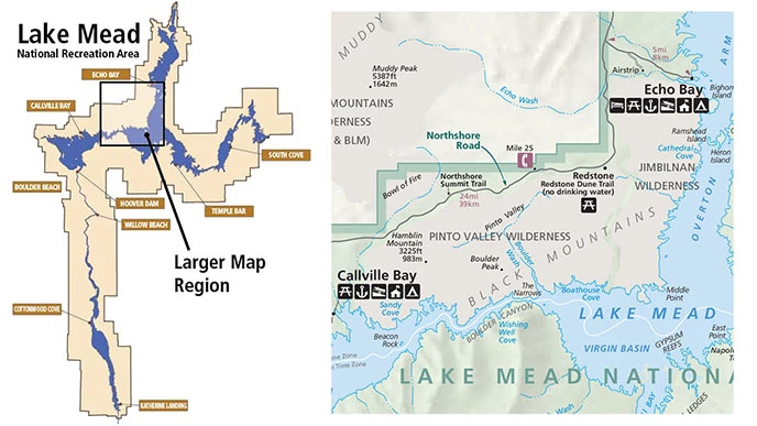 Hamblin-Cleopatra Map Map showing the location of the volcano, in the northwest section of Lake Mead.