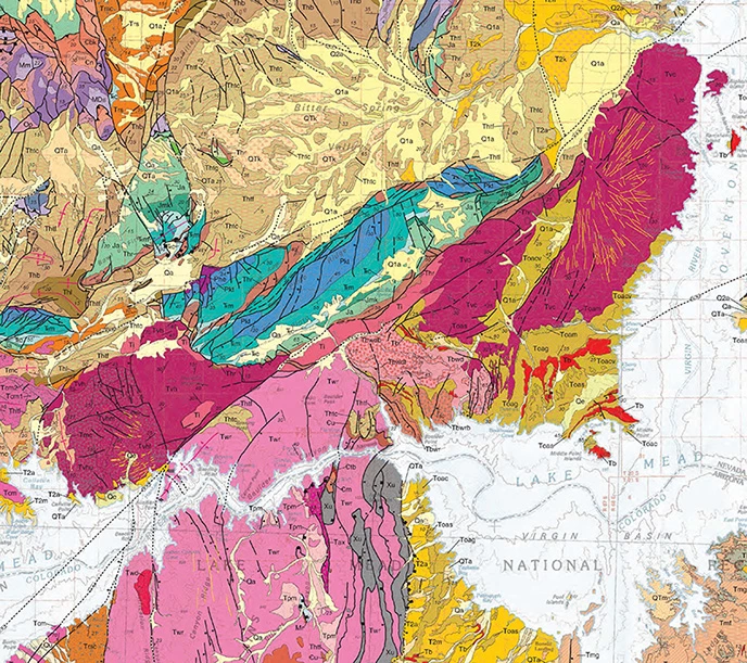 Thematic Geology Map of Hamblin-Cleopatra area A color-coded topographical map of a section of Lake Mead.