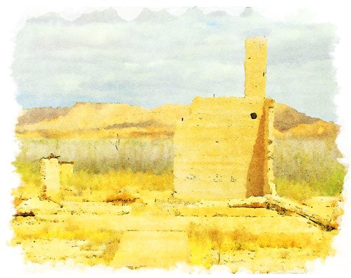 Painting of the ruins of an old home in the desert.