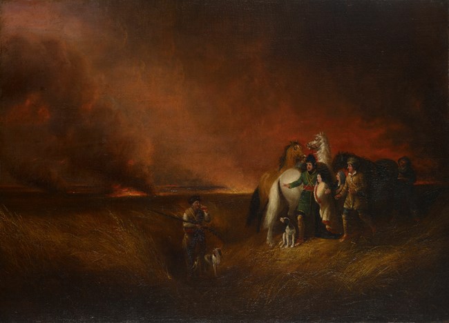 Painting of a prarie on fire. A hunter and dog look at two men, two women, a dog and horses while a fire rages in the background.