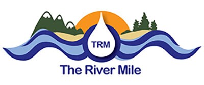 The River Mile logo--an orange sun behind light and dark blue waves of water, green trees and mountains, and the letters "TRM" in the center