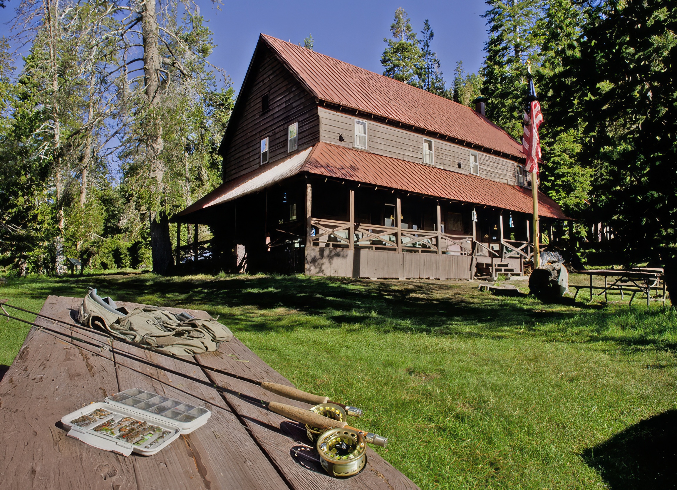 Rustic guest lodge in a meadow surrounded by forest