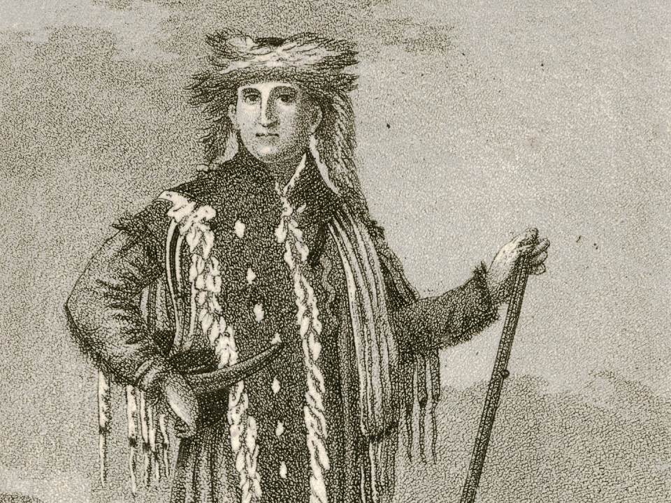 Meriwether-Lewis-Missouri-Historical-Society Lithograph style historic portrait of man in buckskins