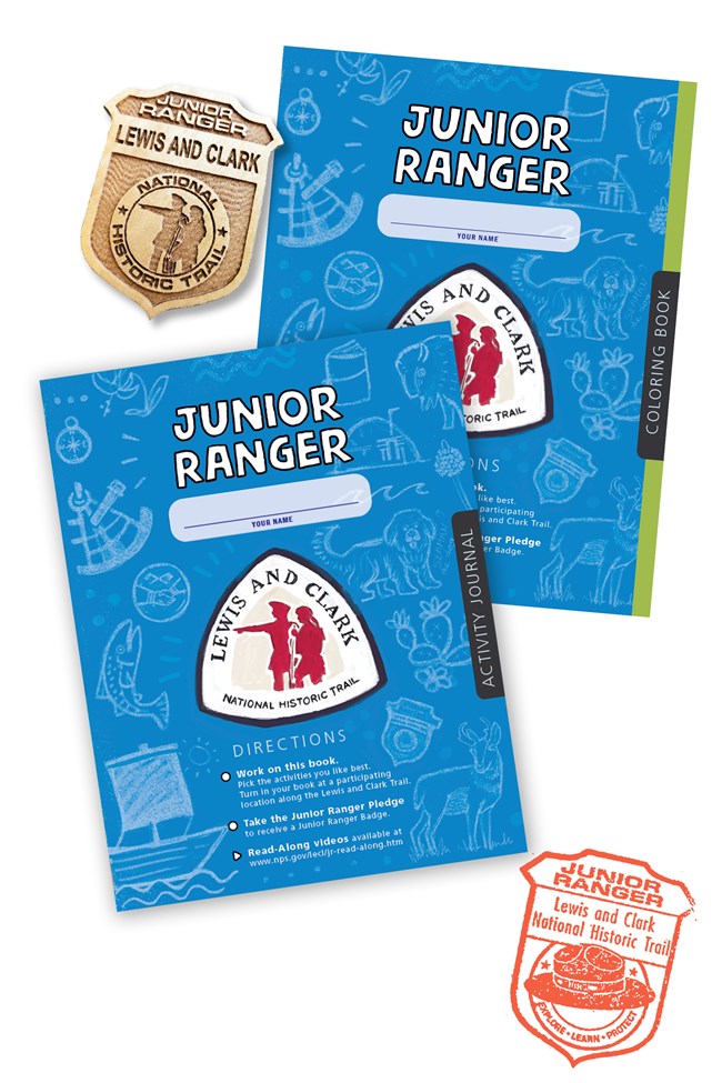 Wooden Junior Ranger badge, colorful Junior Ranger activity and coloring books, and a Junior Ranger stamp