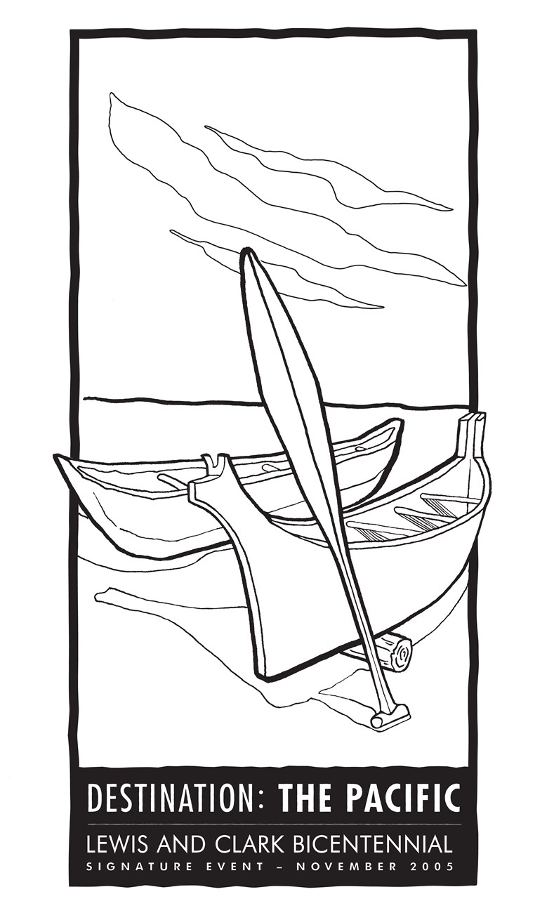 Coloring page with two canoes and the words destination the pacific