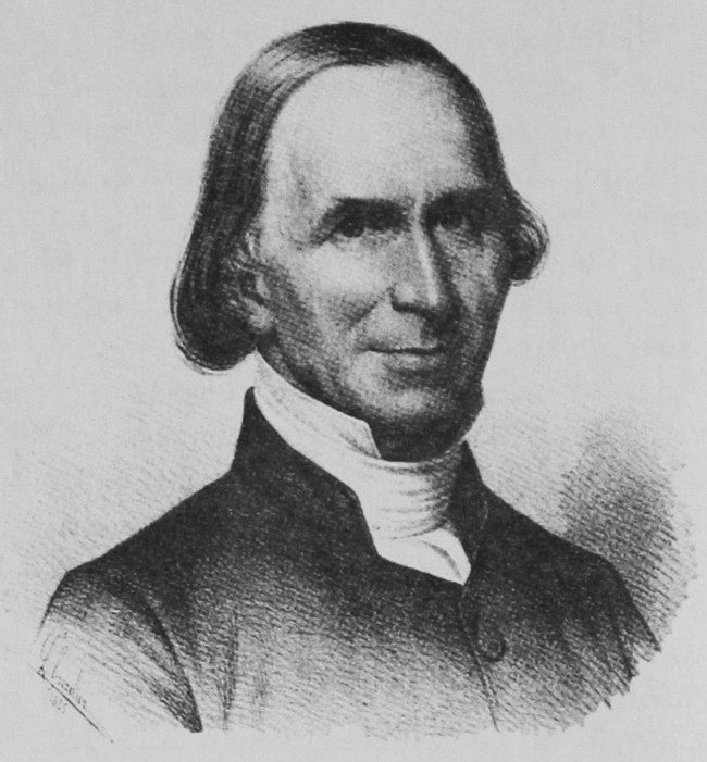 A drawing of Reverend Theodore Edson. Edson is a white man with a high forehead and hair covering his ears, and he is wearing a white cravat and a black high collared jacket. Edson appears to be in his mid 40s.