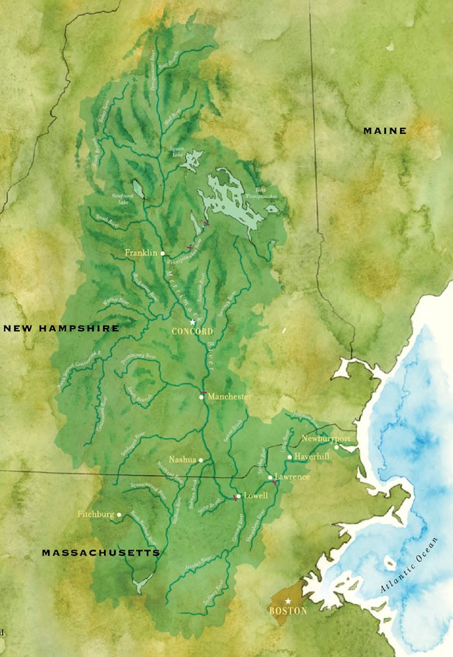 The Merrimack River winds through the Northeast, beginning in northern New Hampshire, ending in the Atlantic Ocean with many lands and tributaries contributing to the flow of its water