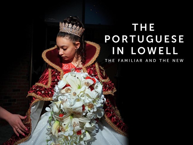 A young girl in a crown and cape carrying a bouquet with exhibit title in text