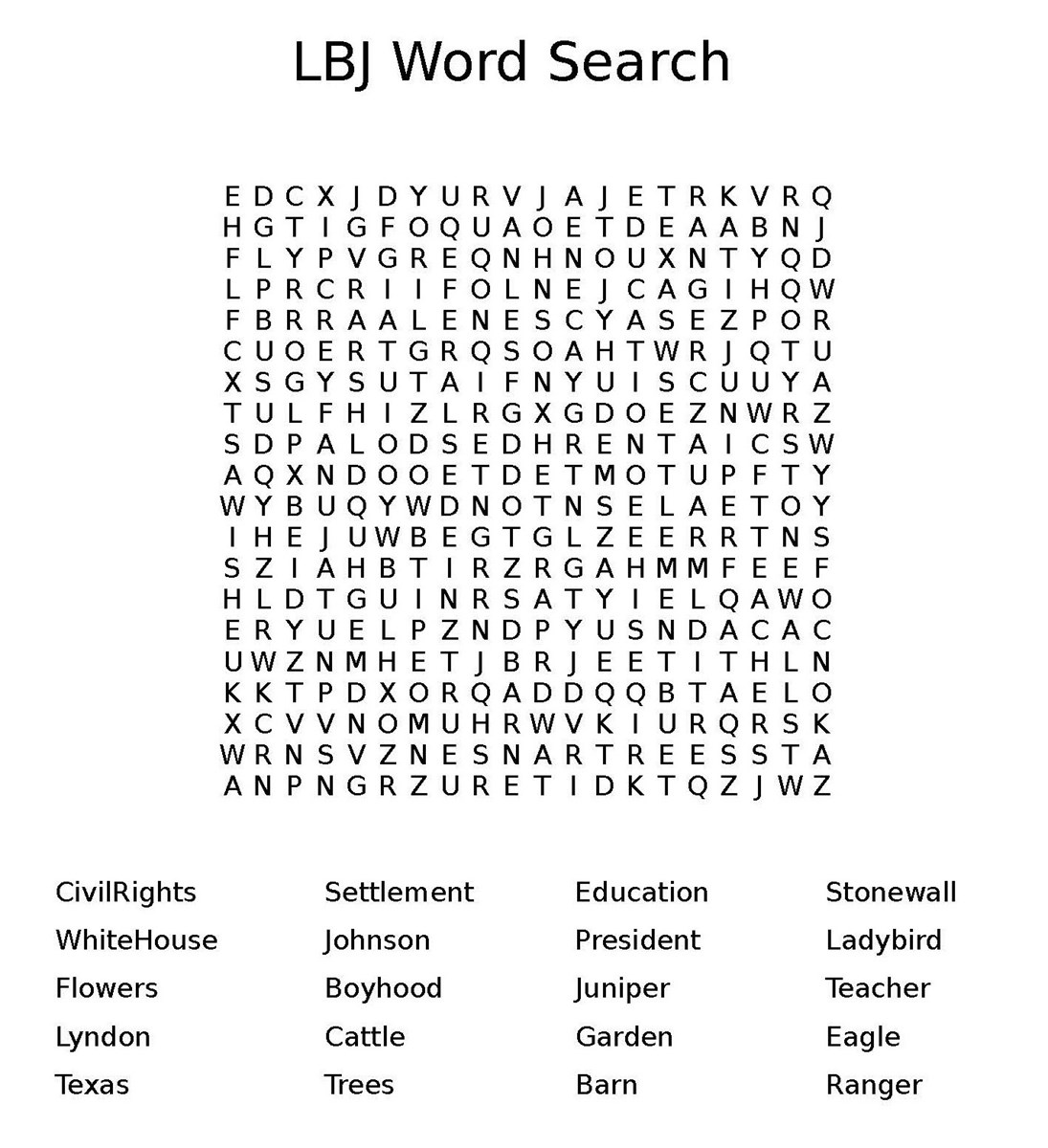 Lyndon B. Johnson NHP Word Search Activity (U.S. National Park Service)