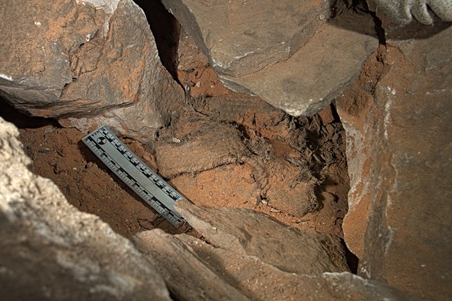 A plant fiber woven slipper found in the cave.