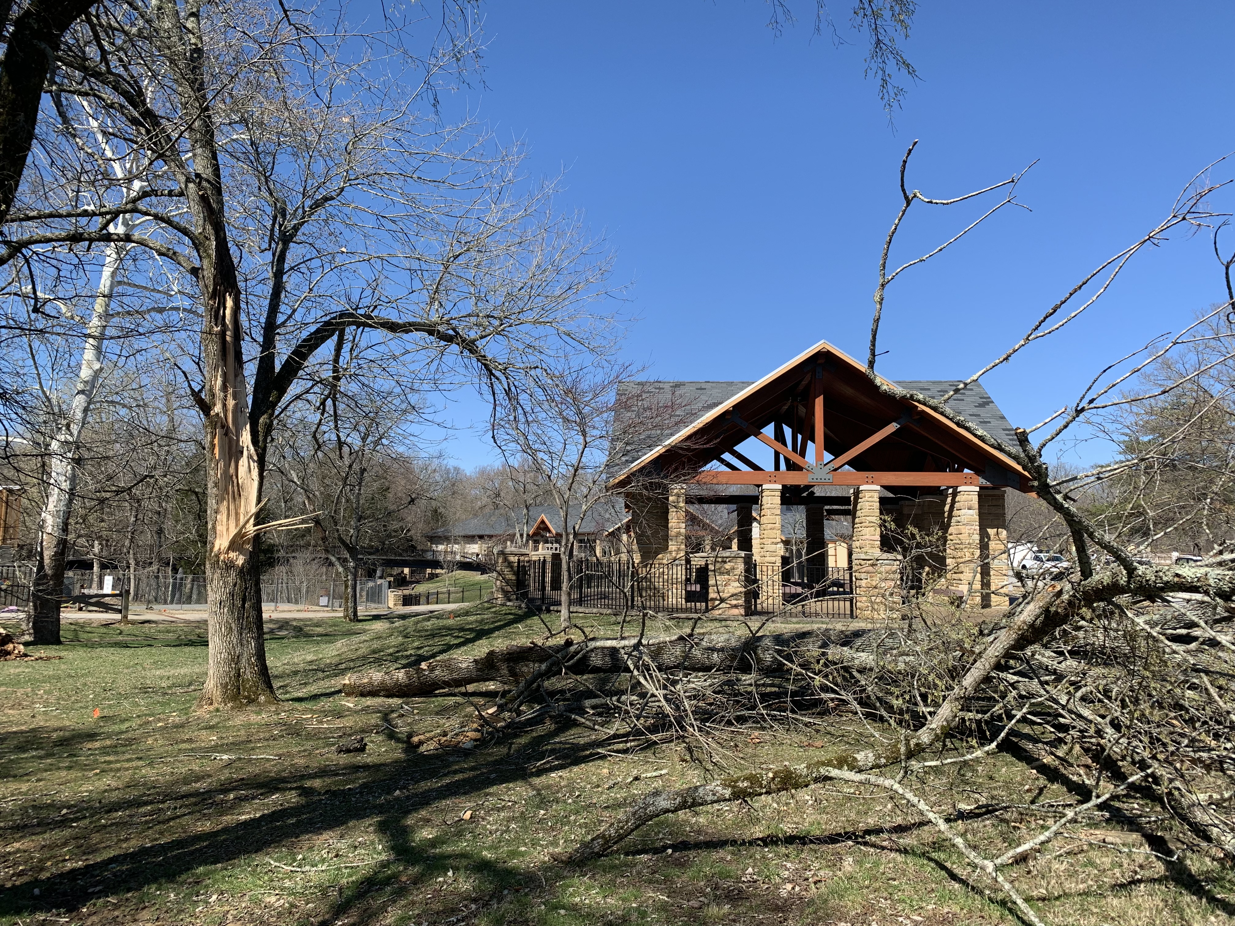 A large fallen tree rests on the ground in front of a stone building.