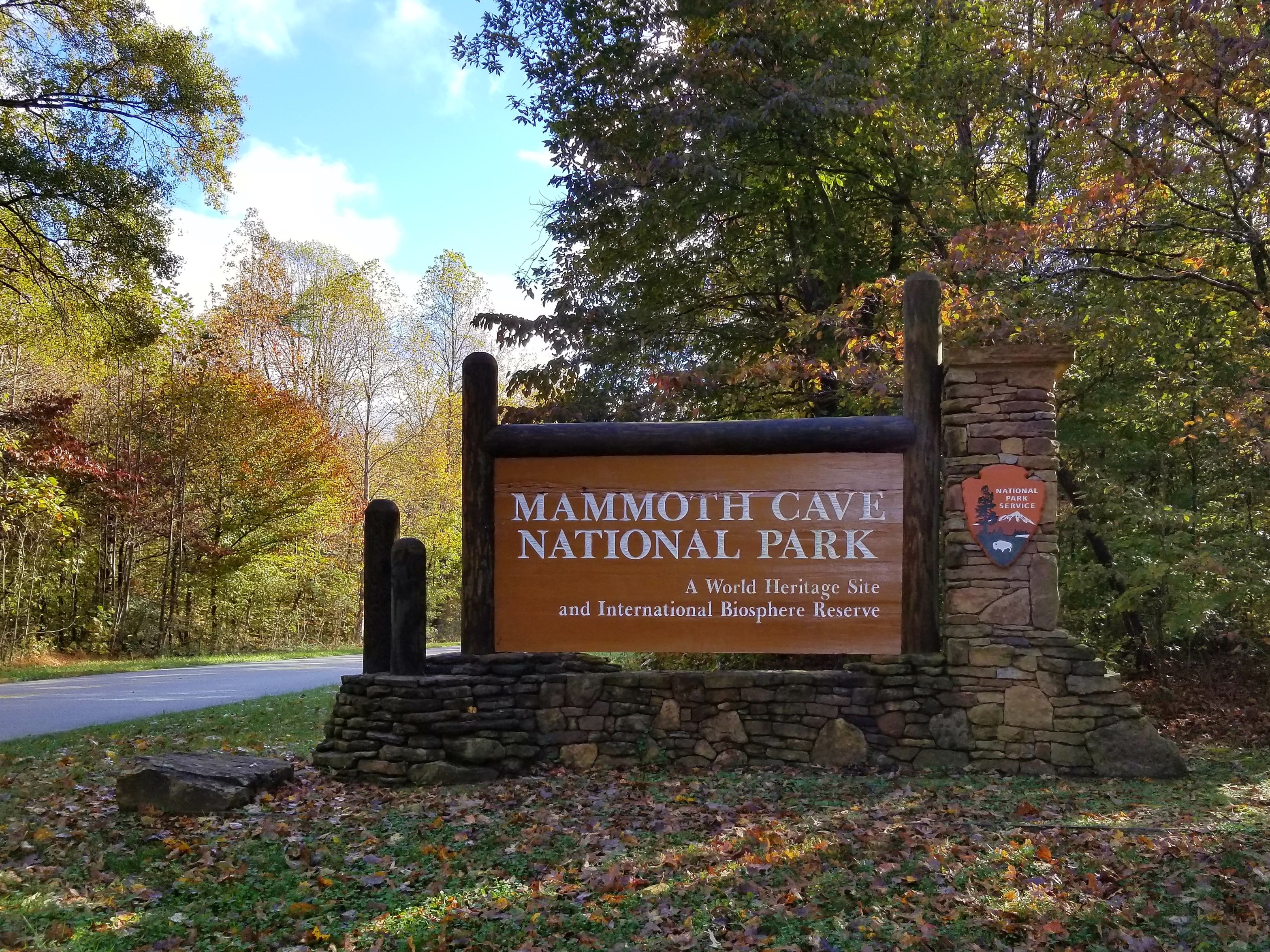 A large brown wooden entrance sign that reads, "Mammoth Cave National Park, a World Heritage Site and International Biosphere Reserve."
