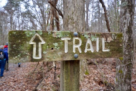 A wooden trail sign along  on a forested path. Hikers in background.