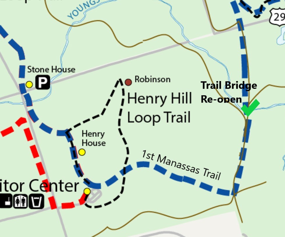 A map of the battlefield trails with a green checkmark on the blue "First Manassas Trail" where the re-open bridge is located.