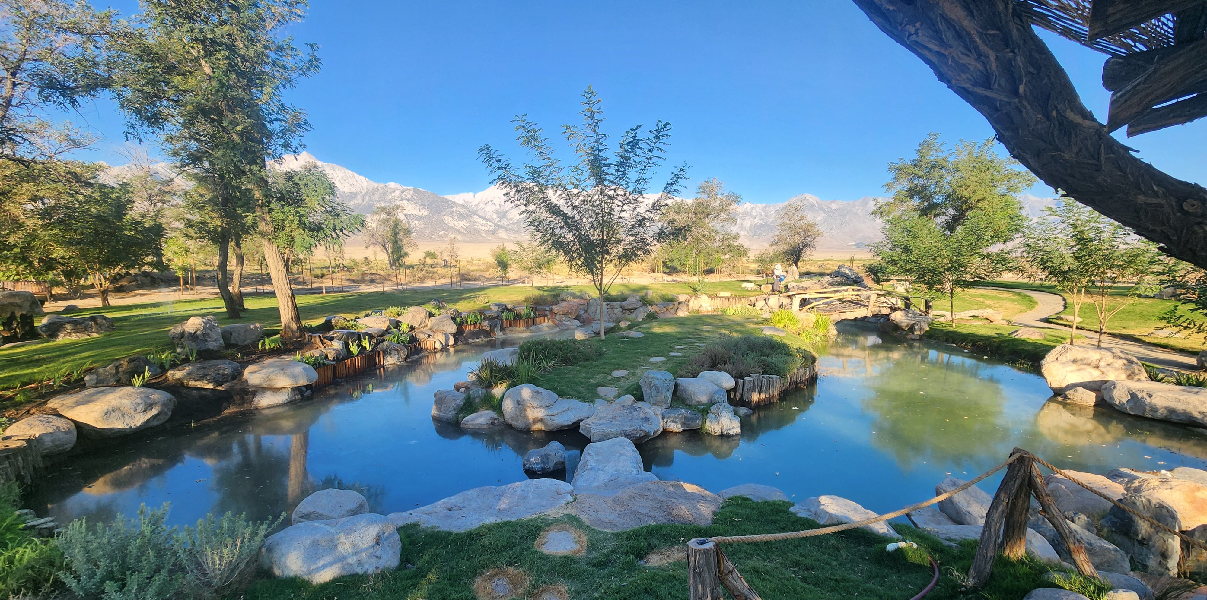 A small pond bounded by stonework surrounds an island with green grass and a lone tree. Mountains rise in the distance.