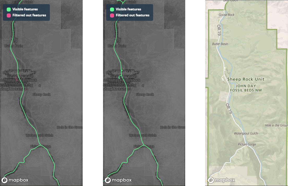 three views in Mapbox Atlas illustrating NPS road data that duplicates underlying OSM data