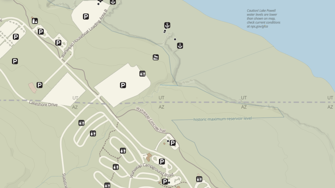 image of Plan Your Visit map on nps.gov zoomed in on an area of Glen Canyon National Recreation Area