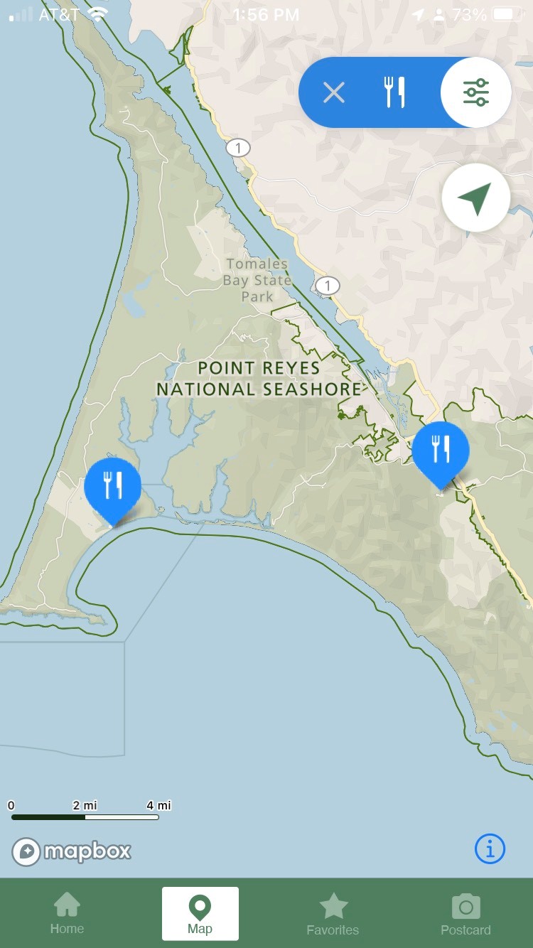 mobile phone screen capture with the NPS mobile app map screen displayed