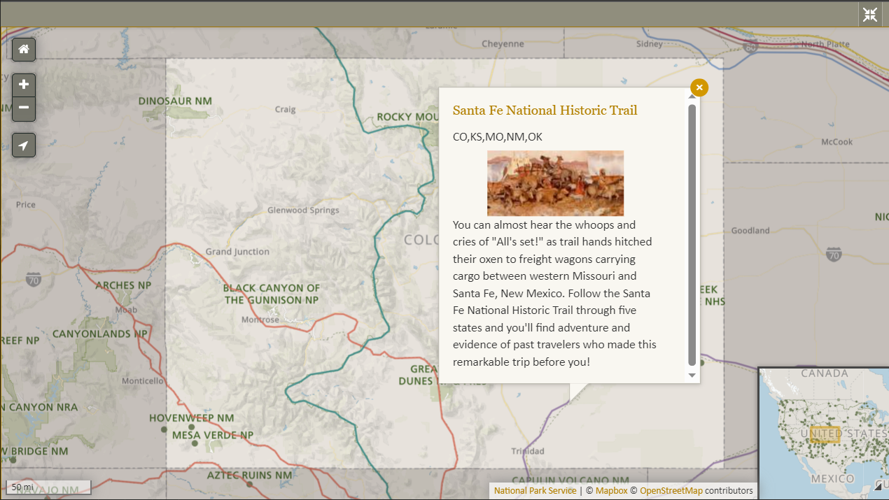 image of State Pages map for Colorado with the popup box for a national historic trail displayed