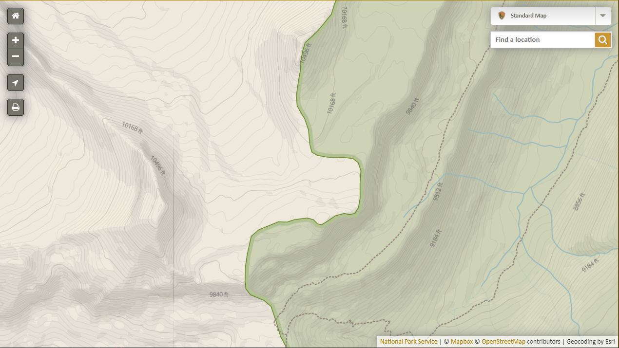 detail of map of the western edge of Grand Teton National Park showing Mapbox terrain data used inside and outside park boundaries