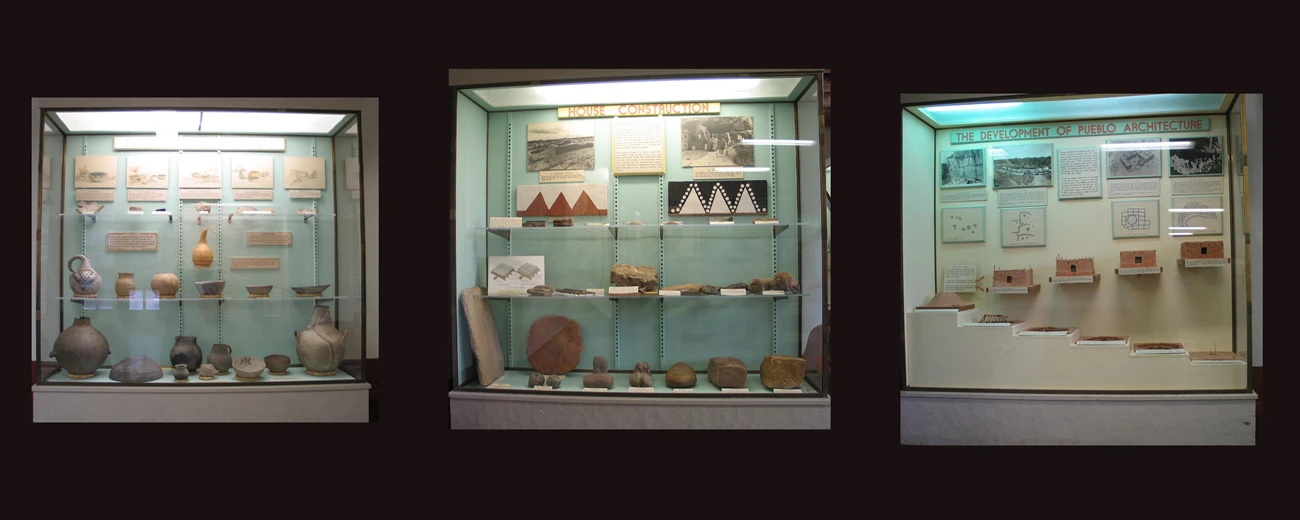 Three exhibits at Mesa Verde Museum pre-2025 redesign A combination photo of three glass upright exhibits with info Ancient Pueblo pottery and house construction on a black background                           ground